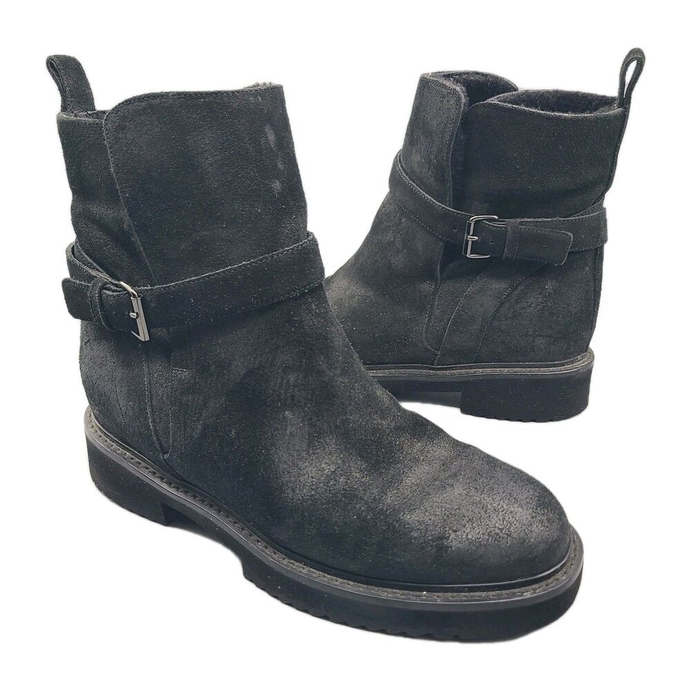 VINCE Claudia boots Shearling-lined black Suede Ankle moto buckle Size 6.5 36.5